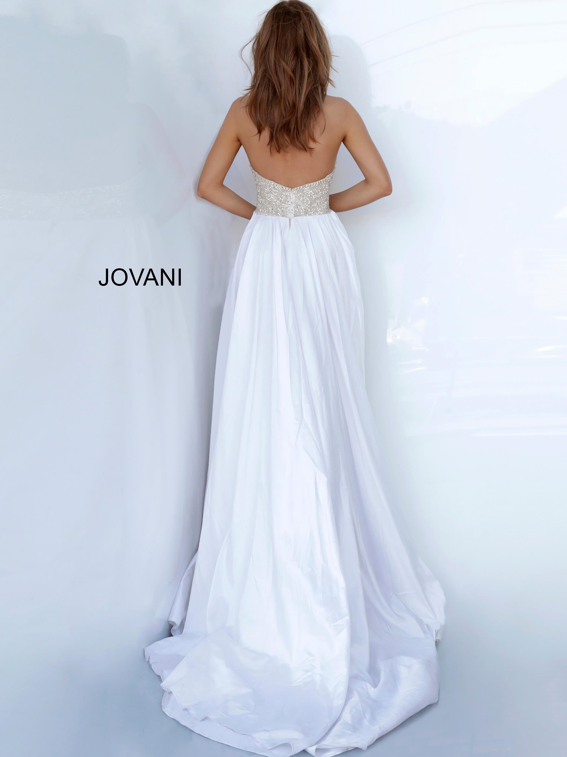 Jovani Couture 3698 Long Crystal Beaded Pageant Dress Wedding Gown Overskirt Plunging Neckline Glass Slipper Formals Over Skirt