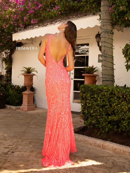 Primavera Couture 3722 Size 00 Coral Iridescent Prom Dress V Neckline V Back Long Sequins Evening Gown