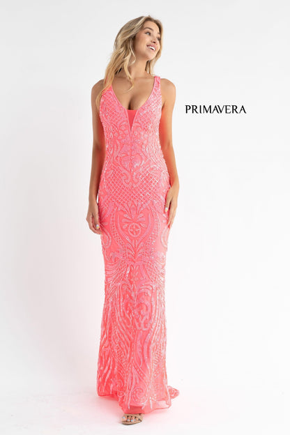 Primavera Couture 3722 Size 00 Coral Iridescent Prom Dress V Neckline V Back Long Sequins Evening Gown