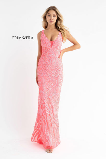 Primavera Couture 3722 Size 00 Coral Iridescent Prom Dress V Neckline V Back Long Sequins Evening Gown