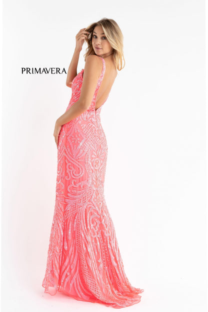 Primavera Couture 3722 Size 00 Coral Iridescent Prom Dress V Neckline V Back Long Sequins Evening Gown