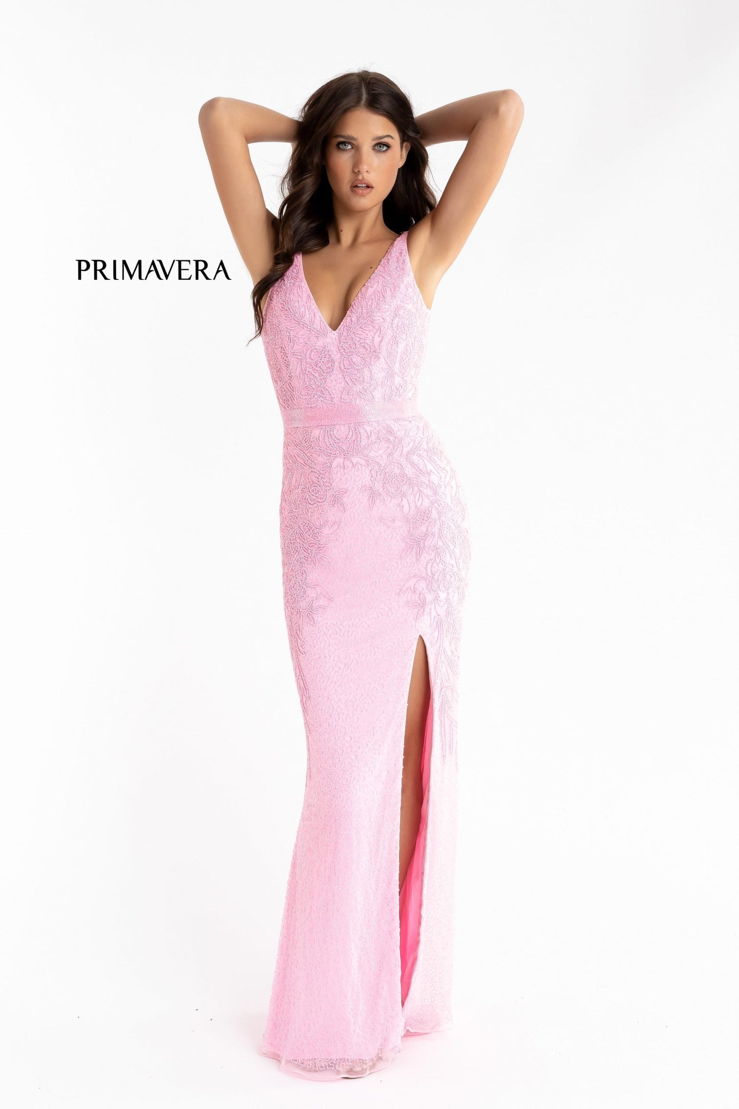Primavera Couture 3725 Beaded Evening Gown Prom Dress V Neckline Floral Slit Ivory size 12