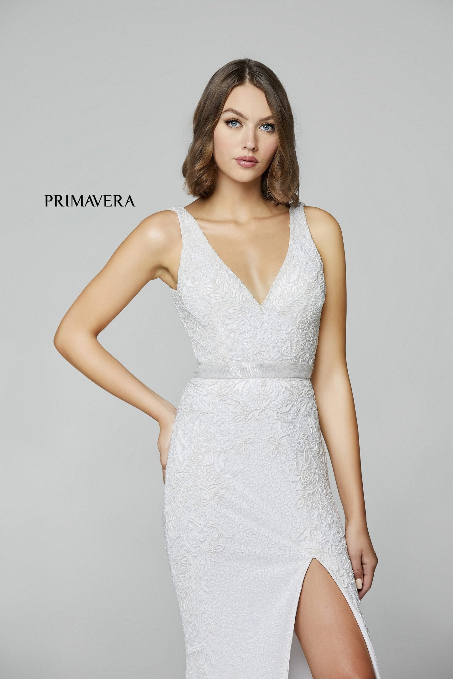 Primavera Couture 3725 Beaded Evening Gown Prom Dress V Neckline Floral Slit Ivory size 12