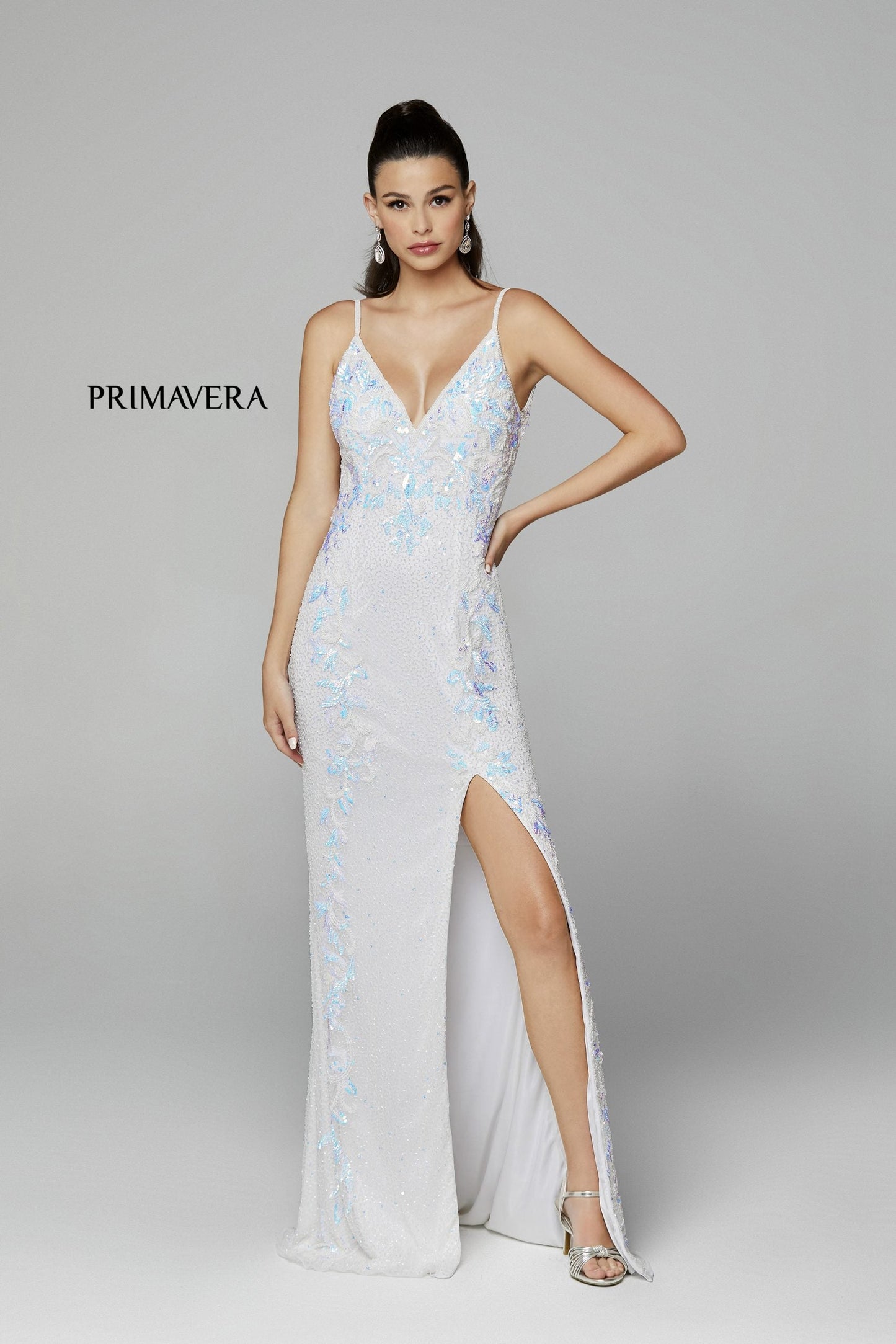 Primavera Couture 3727 Size 22 Prom Dress Beaded Floral Details V Neckline Backless Slit