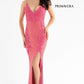 Primavera Couture 3727 This is a beautiful long beaded prom dress.  The V neckline is surrounded by gorgeous floral details that extend down the sides of the dress.  The back is a v open back and the skirt has a slit and sweeping train.  A magnificent choice for prom or formal evening dress.  Available colors:  Midnight, Black, Ivory, Mint, Red, Rose, Neon Pink,   Available sizes:  000-24