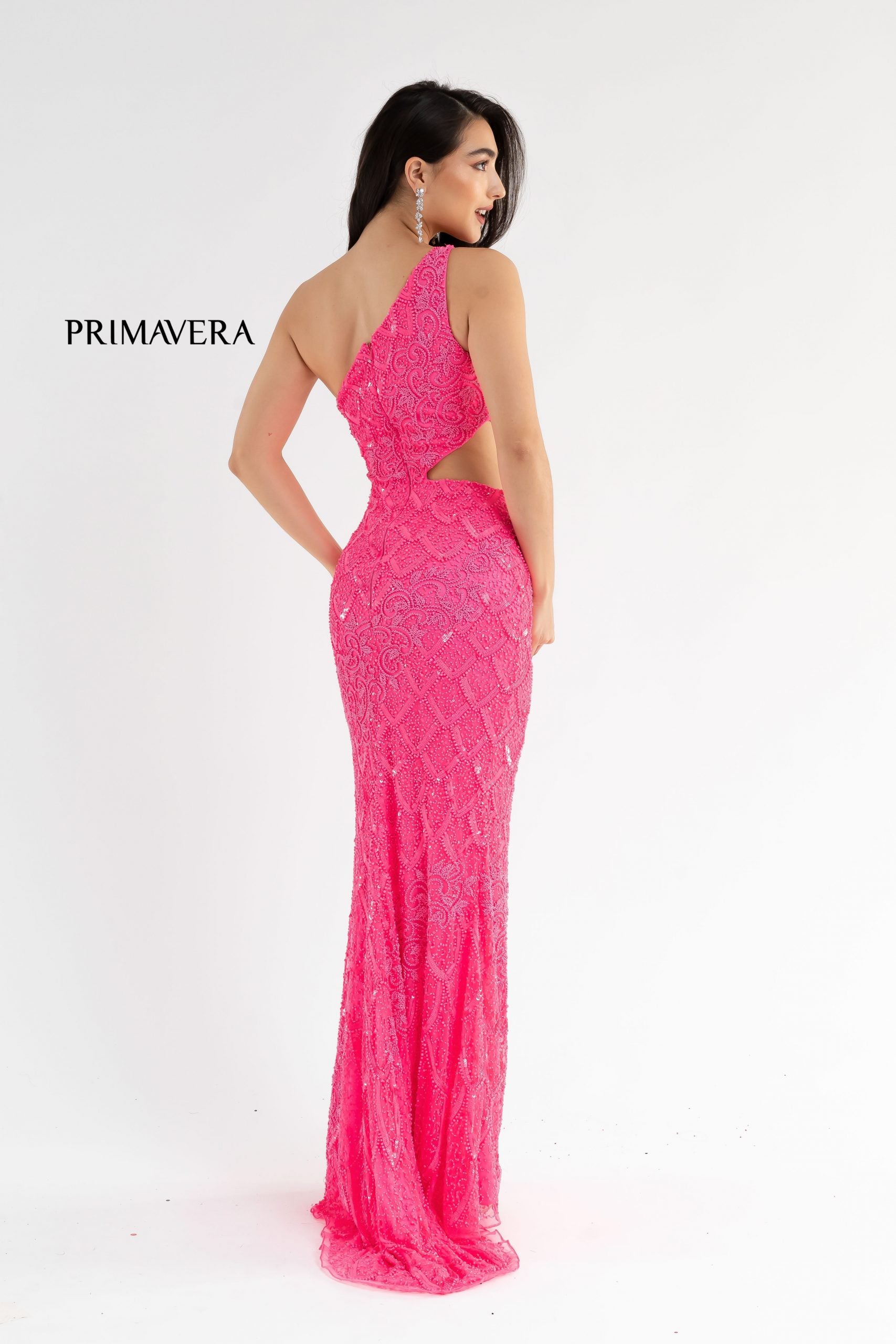 Primavera Couture 3729 This iridescent prom dress is sure to stand out in a crowd.  With its one shoulder design and side cutout, it makes an excellent choice for prom.  It ends with a slit and sweeping train.  Colors:  NEON PINK, NEON CORAL, SAGE GREEN, LIGHT TURQUOISE, BRIGHT BLUE, ORANGE, EMERALD, PURPLE, ROYAL BLUE, PINK, RASPBERRY, IVORY, GOLD, CHARCOAL, BLACK, RED  Sizes:  000, 00, 0, 2, 4, 6, 8, 10, 12, 14, 16, 18