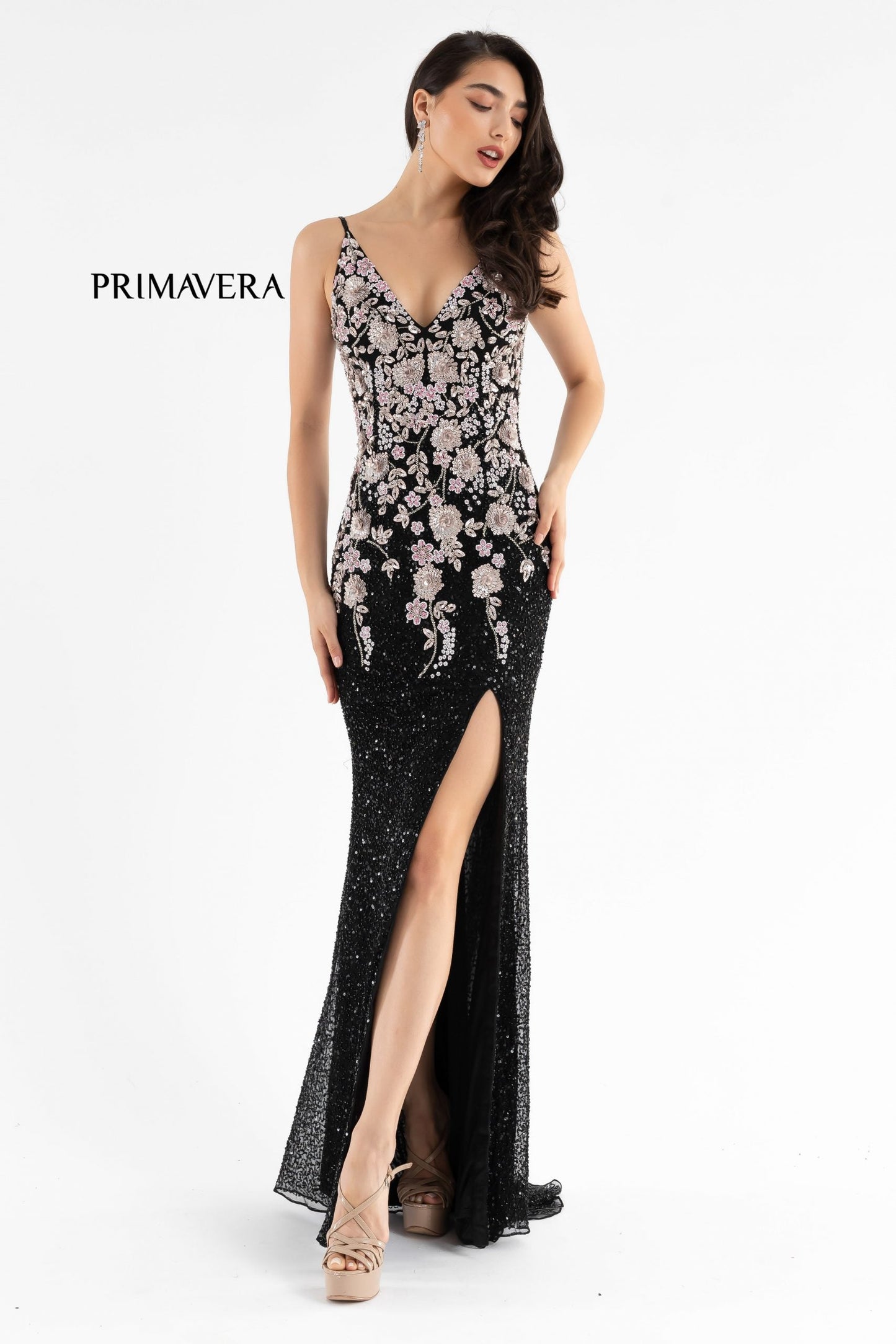 Primavera Couture 3730 Size 4 Prom Dress Flower Bodice Sequins V Neckline Slit Mid Back