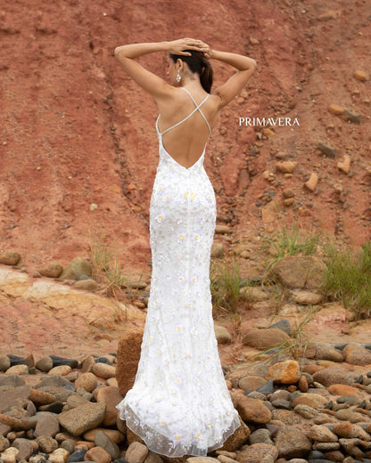 Primavera Couture 3731 Size 0 3D Flowers Prom Dress Sequins with a V Neckline Slit Open Back