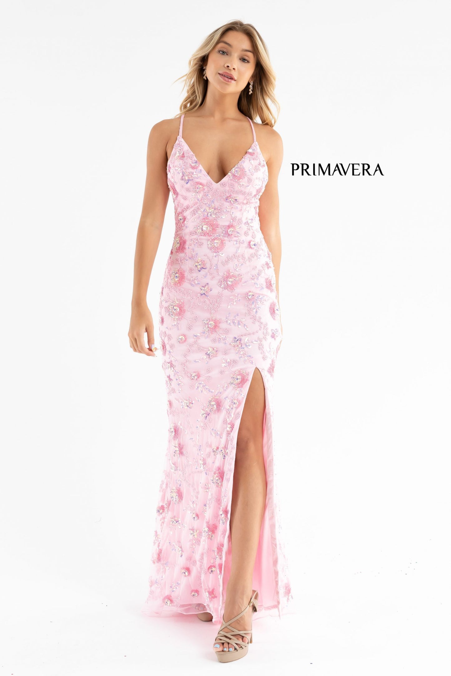 Primavera Couture 3731 Size 0 3D Flowers Prom Dress Sequins with a V Neckline Slit Open Back