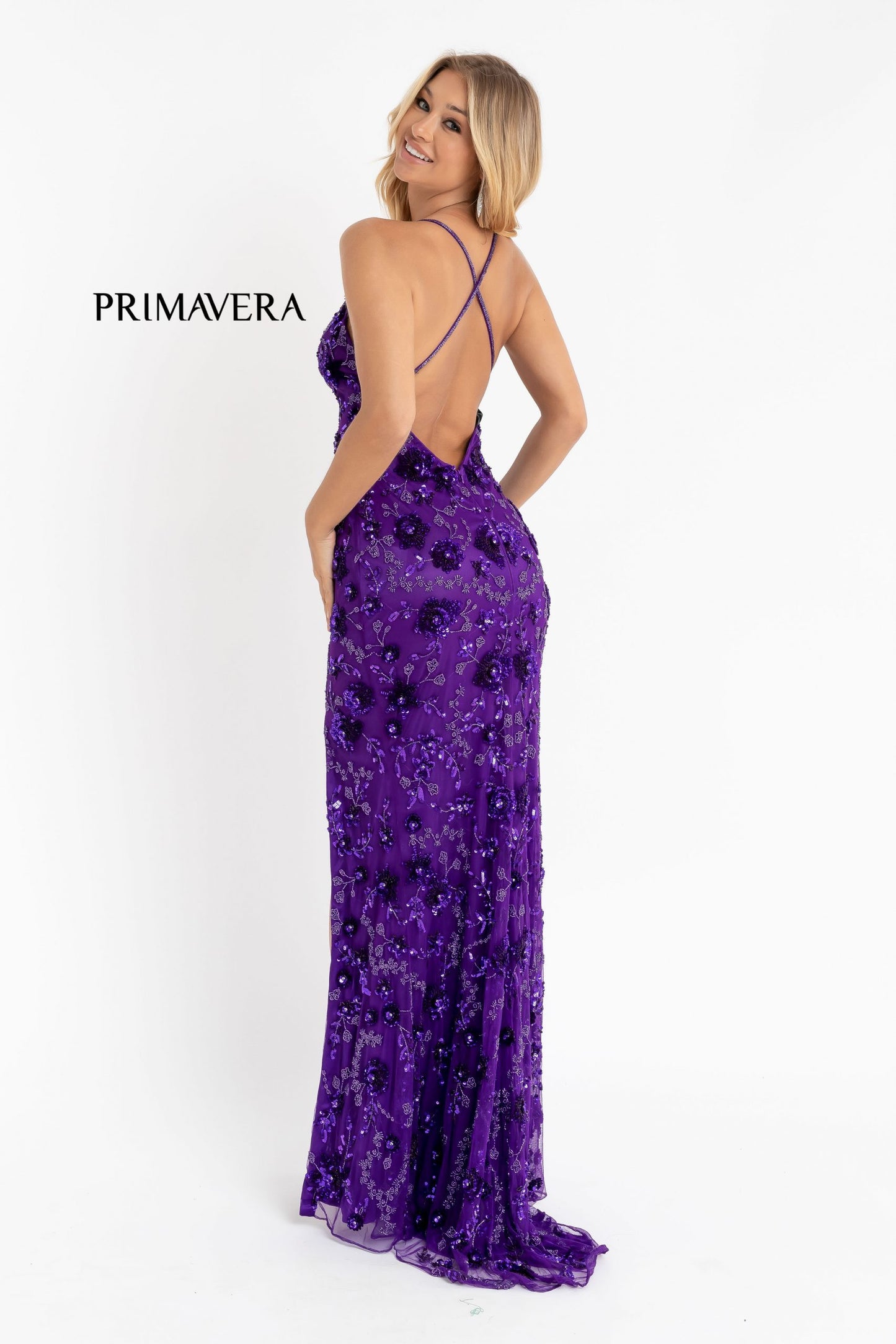 Primavera Couture 3731 Size 0 3D Flowers Prom Dress Sequins with a V Neckline Slit Open Back