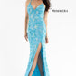 Primavera Couture 3731 Size 6 Turquoise 3D Flowers Prom Dress Sequins with a V Neckline Slit Open Back