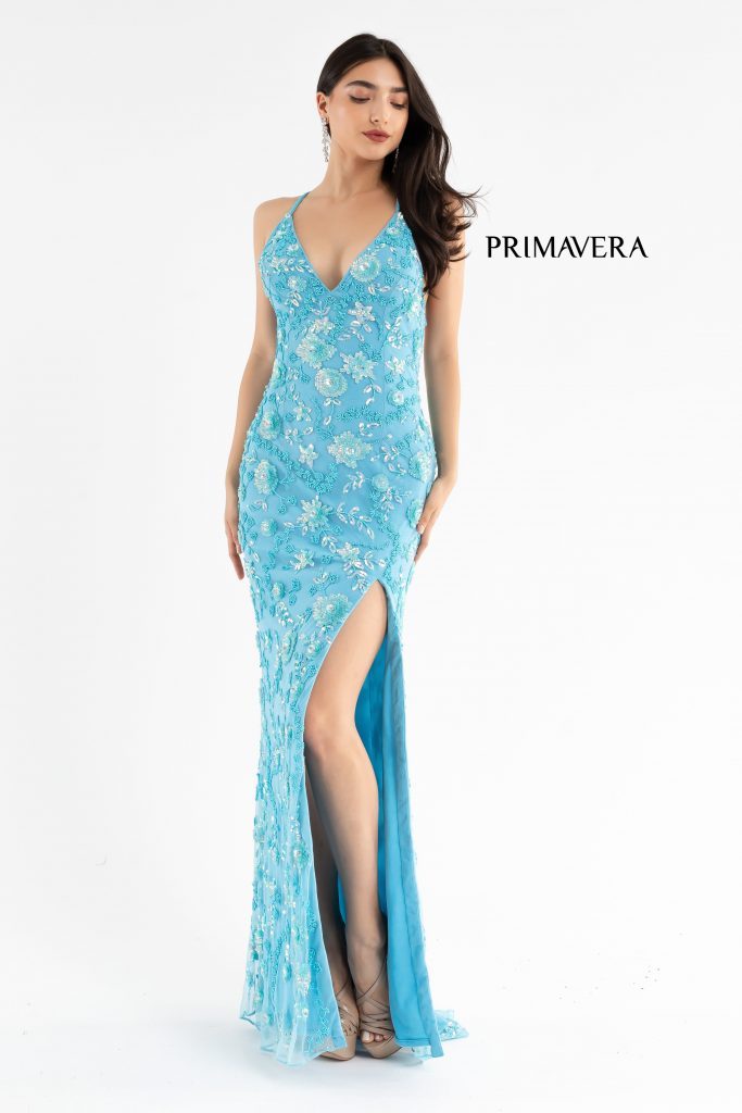 Primavera Couture 3731 Size 6 Turquoise 3D Flowers Prom Dress Sequins with a V Neckline Slit Open Back