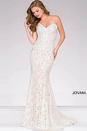 Jovani 37334 embellished lace prom dress peak point neckline Fitted Mermaid Strapless