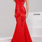 Jovani 37334 embellished lace prom dress peak point neckline Fitted Mermaid Strapless