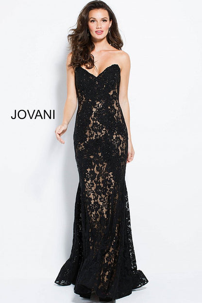 Jovani 37334 Size 12 Black lace prom dress peak point neckline Fitted Mermaid Strapless