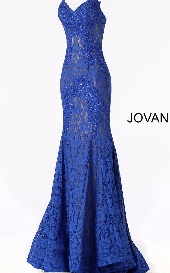 Jovani 37334 This beautiful, fitted, strapless lace dress features a sweetheart neckline. The top half of the trumpet dress is accessorized with rhinestones. Stretch nude lining with stretch lace overlay, heat set stones, form fitting, strapless. Available Sizes: 00,0,2,4,6,8,10,12,14,16,18,20,22,24  Available Colors: BLACK, BRIGHT PINK, DUSTY PINK, EMERALD, FUCHSIA, IVORY, LIGHT-BLUE, LILAC, MAUVE, NAVY, PERRIWINKLE, RED, ROYAL
