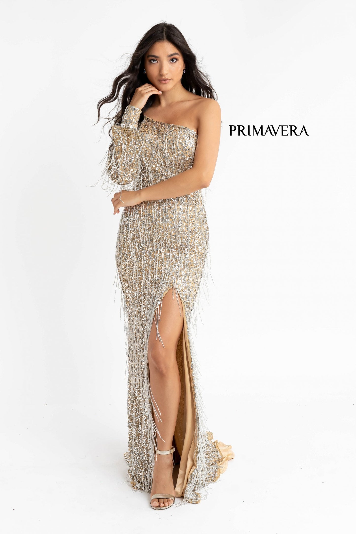 Primavera Couture 3739 Cuffed Sleeve Fringe Evening Prom Dress One Shoulder with Slit size 6 Powder Blue