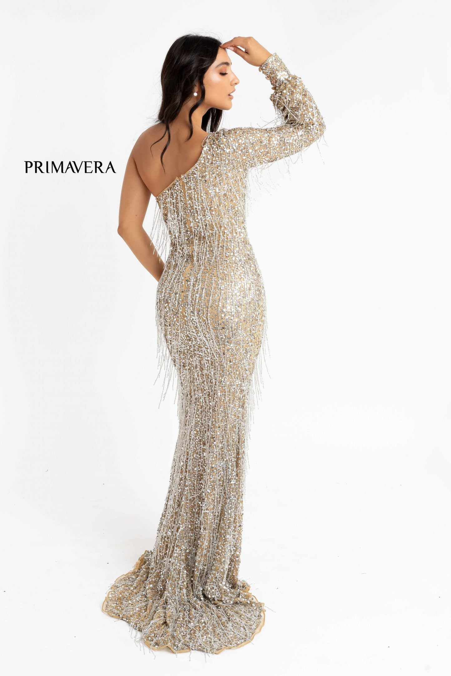 Primavera Couture 3739 Cuffed Sleeve Fringe Evening Prom Dress One Shoulder with Slit size 6 Powder Blue
