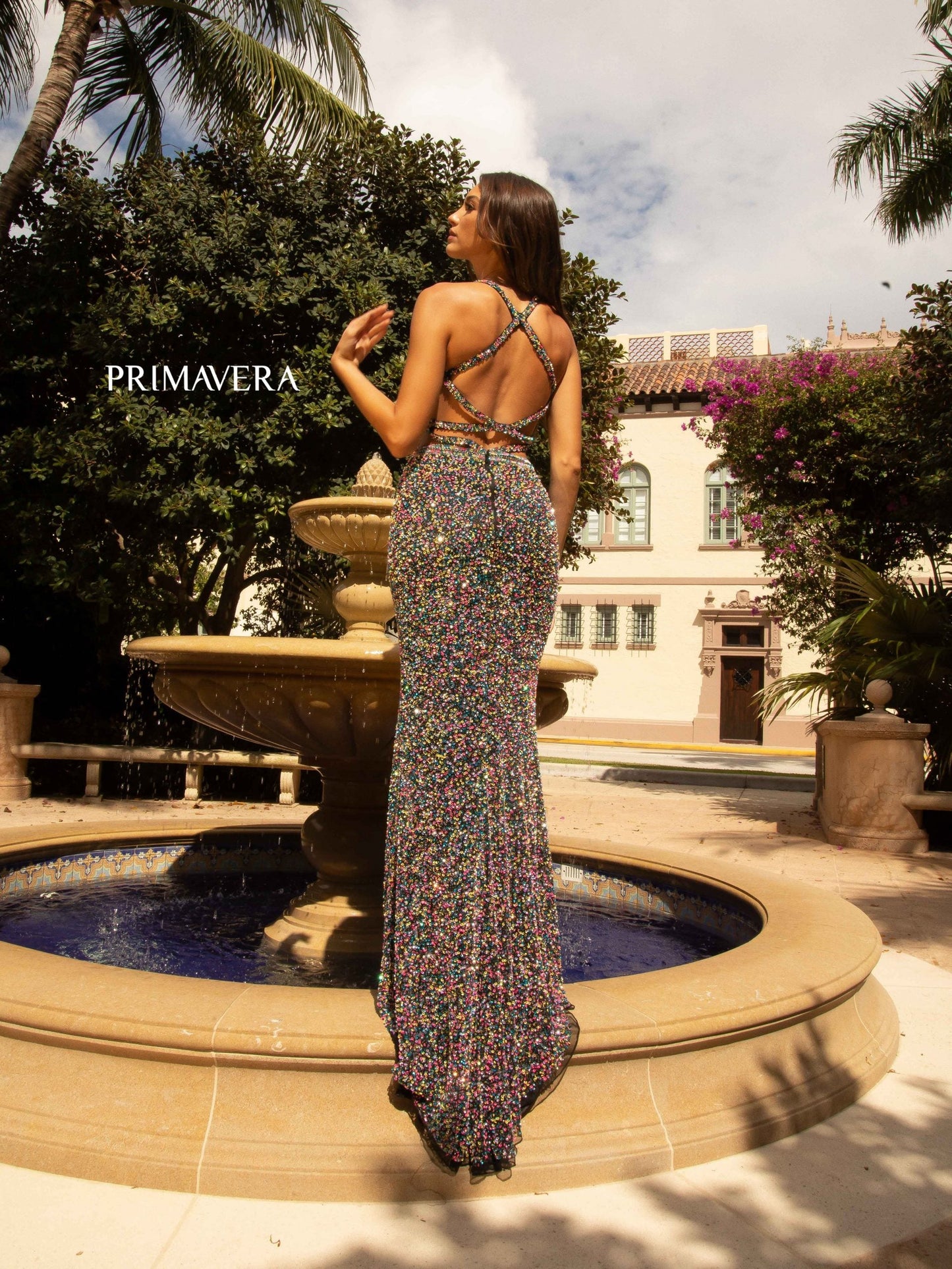 Primavera Couture 3744 Size 2 Orange Sequin Prom Dress Strappy Back V Neckline Cutouts Slit