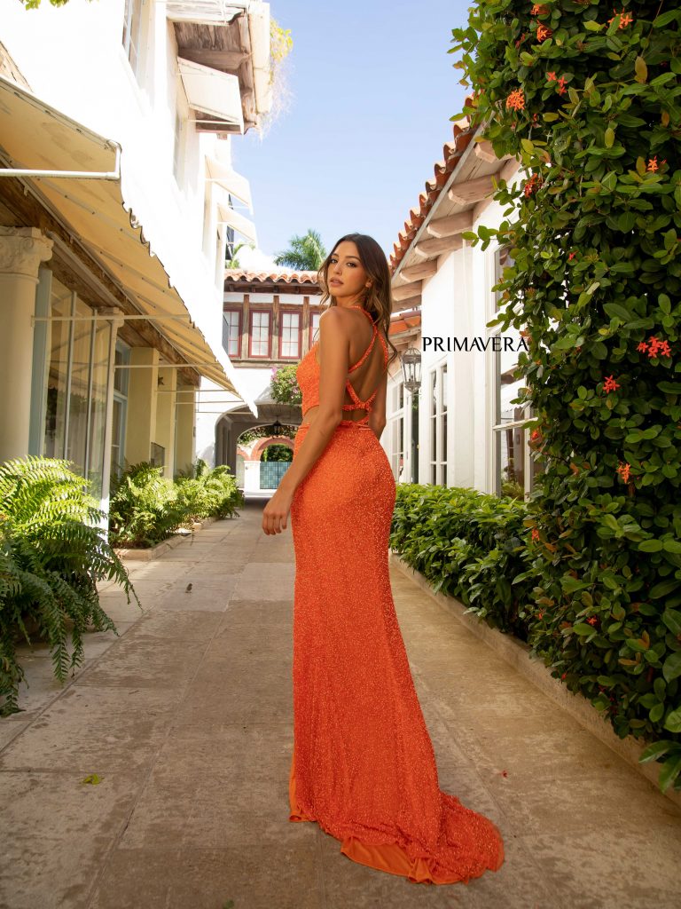 Primavera Couture 3744 Size 2 Orange Sequin Prom Dress Strappy Back V Neckline Cutouts Slit