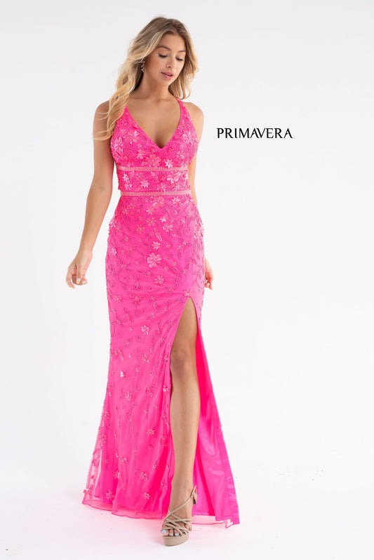 Primavera Couture 3746 Size 00, 6 Neon Pink 3D Flowers Prom Dress Beaded V Neckline Evening Gown Slit
