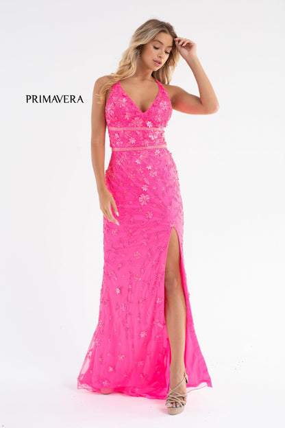 Primavera Couture 3746 Size 00 Neon Pink 3D Flowers Prom Dress Beaded V Neckline Evening Gown Slit