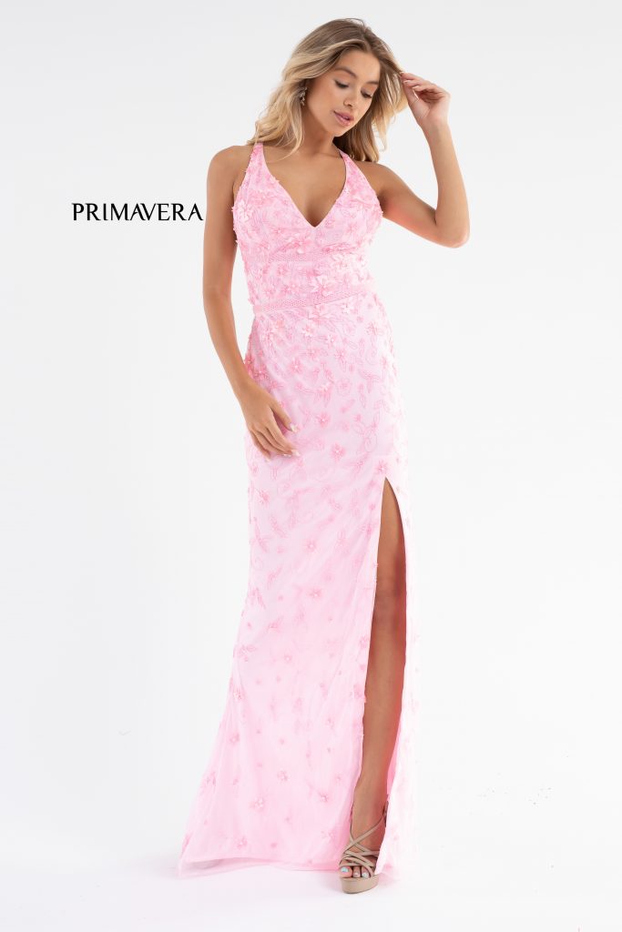 Primavera Couture 3746 Size 00, 6 Neon Pink 3D Flowers Prom Dress Beaded V Neckline Evening Gown Slit