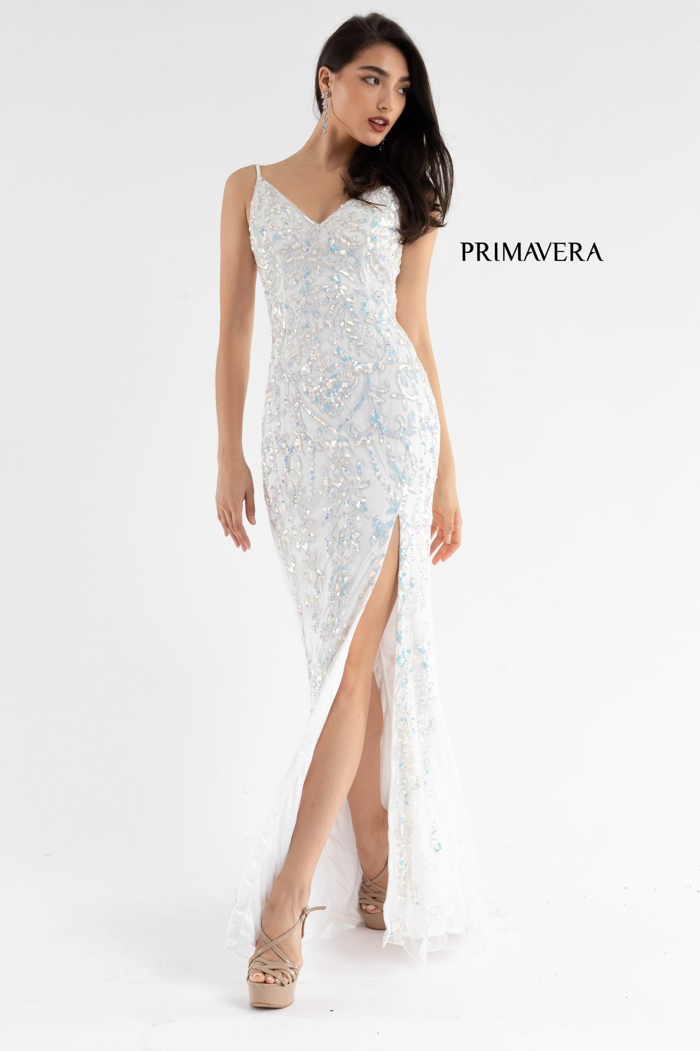 Primavera Couture 3749 Size 0 Ivory Sequined Prom Dress V Neckline Sweeping Train Evening Gown