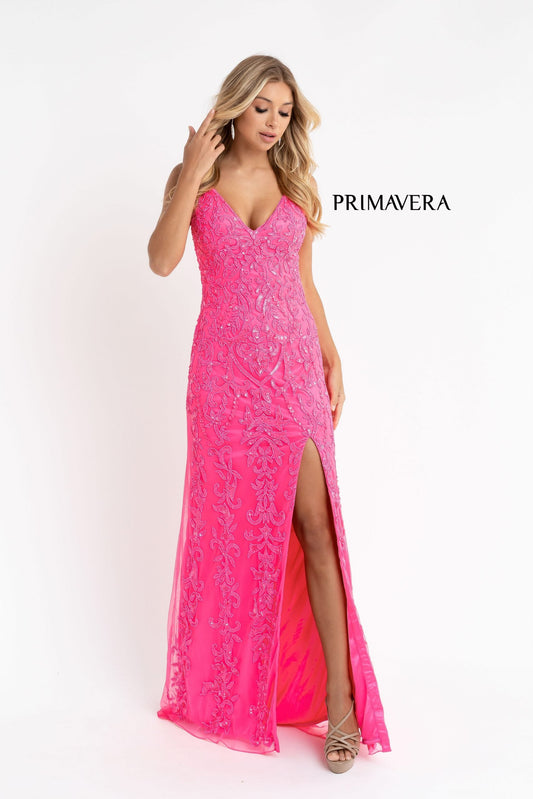 Primavera Couture 3749 Size 6 Neon Pink Sequined Prom Dress V Neckline Sweeping Train Evening Gown