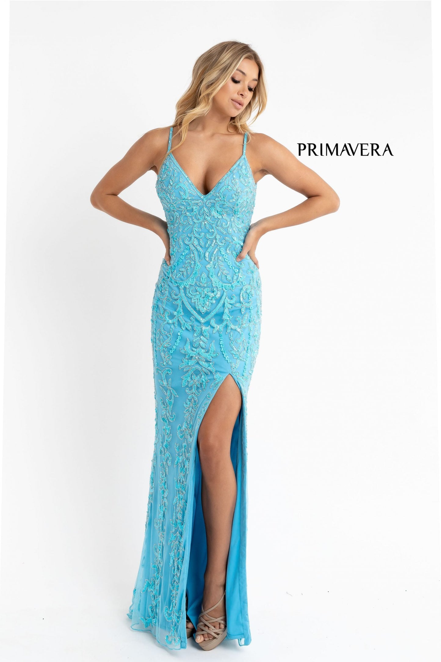 Primavera Couture 3749 Size 0 Ivory Sequined Prom Dress V Neckline Sweeping Train Evening Gown