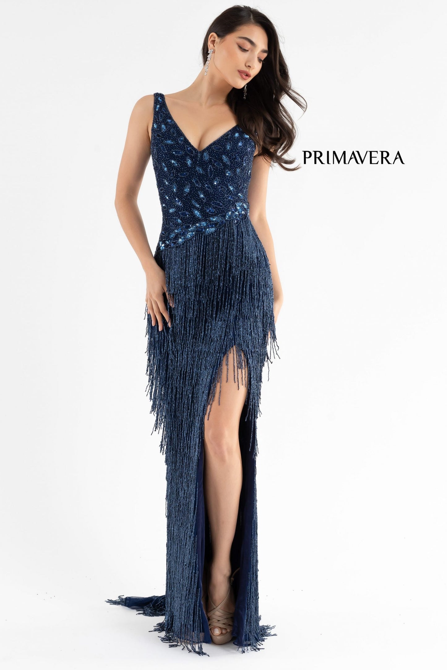 Primavera Couture 3752 Size 8 Fuchsia Fringe Skirt Prom, Pageant, Evening Dress V Neckline Backless
