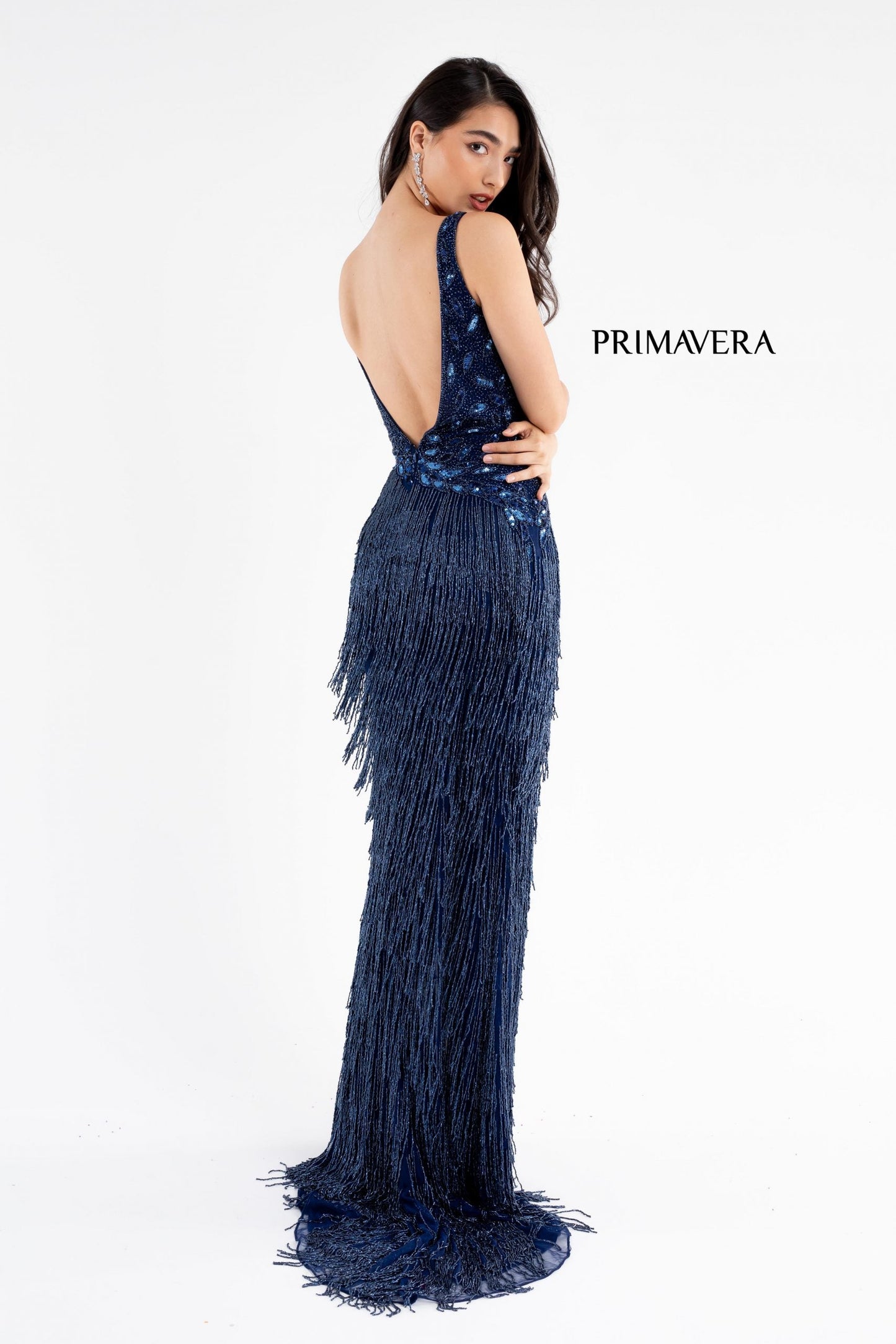 Primavera Couture 3752 Size 8 Fuchsia Fringe Skirt Prom, Pageant, Evening Dress V Neckline Backless