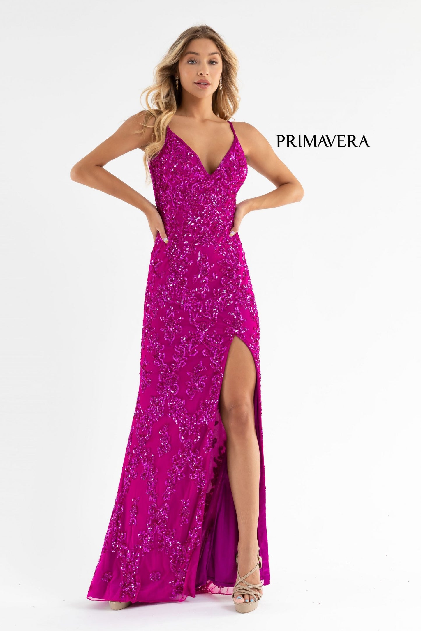 Primavera Couture 3754 Size 18 Purple Prom Dress Sequins V Neckline Evening Gown Backless Slit Train