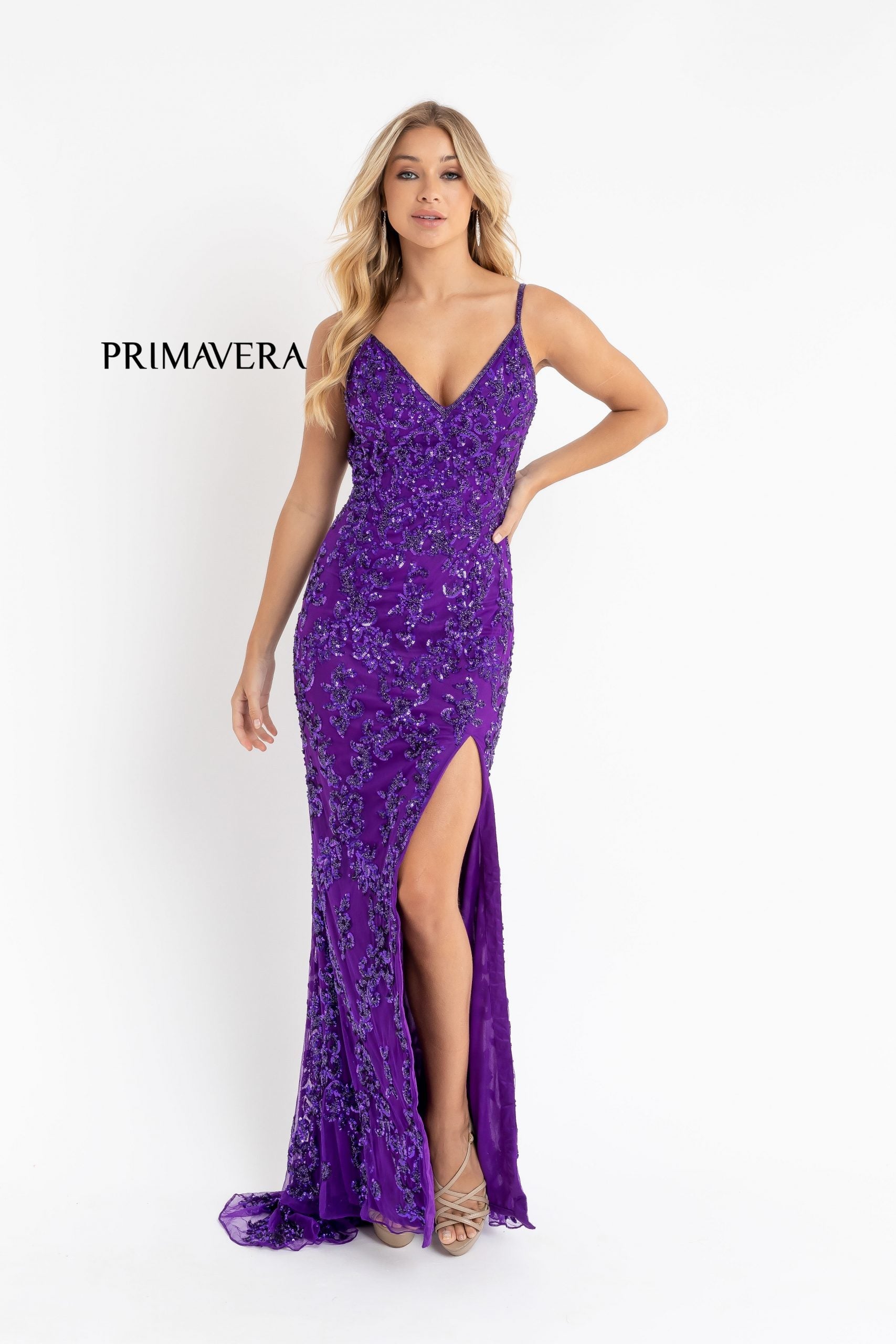 Primavera Couture 3754 Size 18 Purple Prom Dress Sequins V Neckline Evening Gown Backless Slit Train Primavera Couture 3754 Size 18 Purple Prom Dress Sequins V Neckline Evening Gown Backless Slit Train