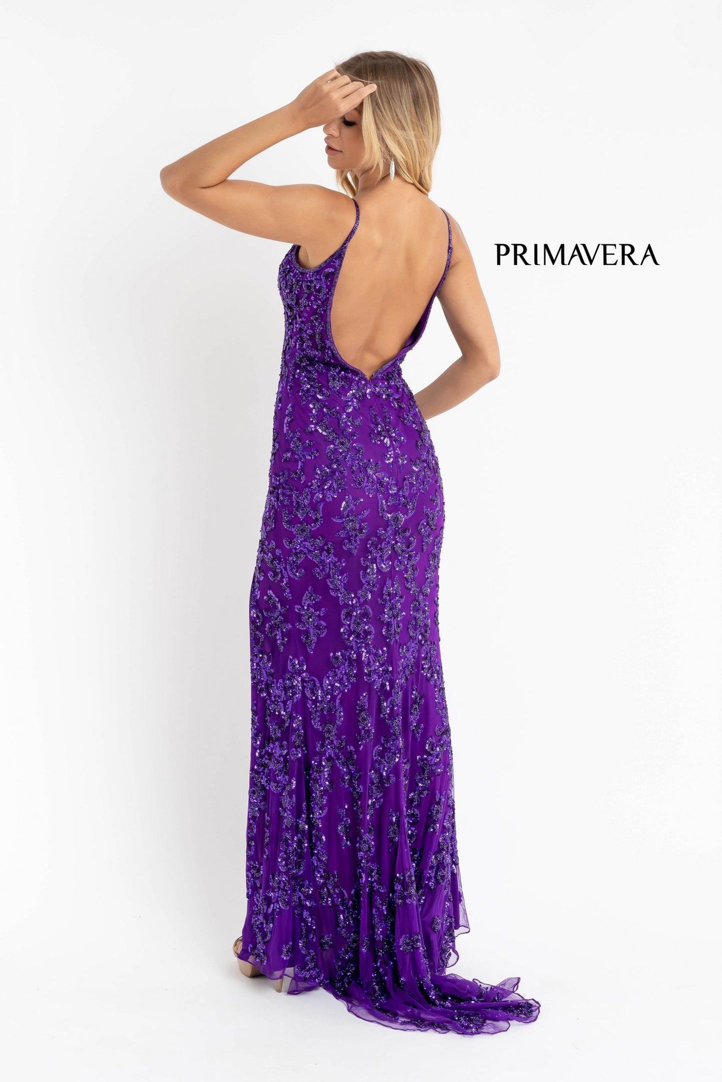 Primavera Couture 3754 Size 18 Purple Prom Dress Sequins V Neckline Evening Gown Backless Slit Train