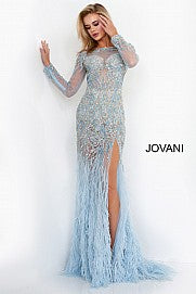 Jovani 37580 Sheer Embellished Pageant Dress Long Sleeve Feather Slit Gown Formal