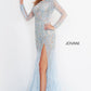 Jovani 37580 Sheer Embellished Pageant Dress Long Sleeve Feather Slit Gown Formal