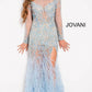 Jovani 37580 is a long Sheer Crystal Rhinestone Embellished Pageant Dress Featuring Long Sleeves and an open drop back. This backless formal evening gown has a Feather accented flared Skirt with a Slit. Lush sweeping train. Perfect Pageant Dress in light Blue or sexy formal party red carpet gown in black!  Available Sizes: 00-24  Available Colors: Black, Light Blue  Prom Dress, Pageant Gown, Mother of the Bride or Groom, Gala Dress, Red Carpet Gown