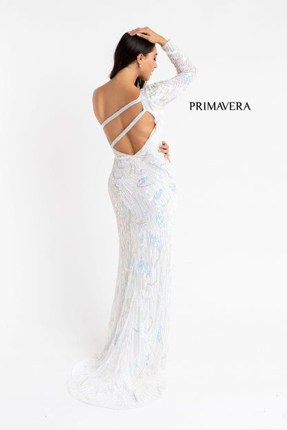 Primavera Couture 3759 Size 2 Pink One Long Sleeve Prom Dress Sequined Evening Gown Slit