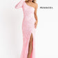 Primavera Couture 3759 Size 2 Pink One Long Sleeve Prom Dress Sequined Evening Gown Slit