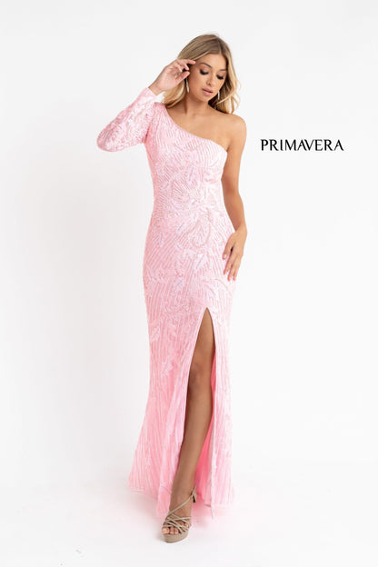 Primavera Couture 3759 Size 2 Pink One Long Sleeve Prom Dress Sequined Evening Gown Slit