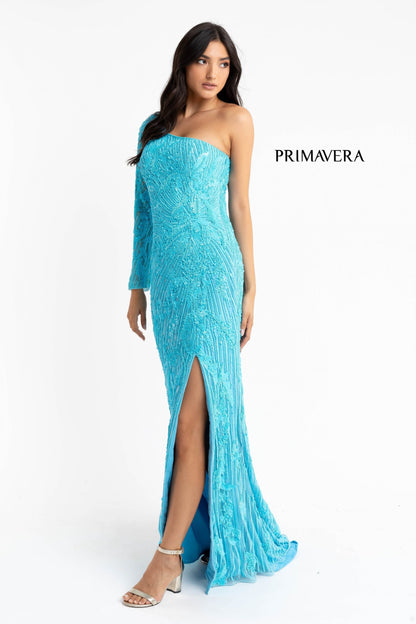 Primavera Couture 3759 Size 2 Pink One Long Sleeve Prom Dress Sequined Evening Gown Slit