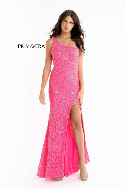 Primavera Couture 3761 Size 0 One Shoulder Prom Dress Pink Sequin Double Strap Back Slit Train