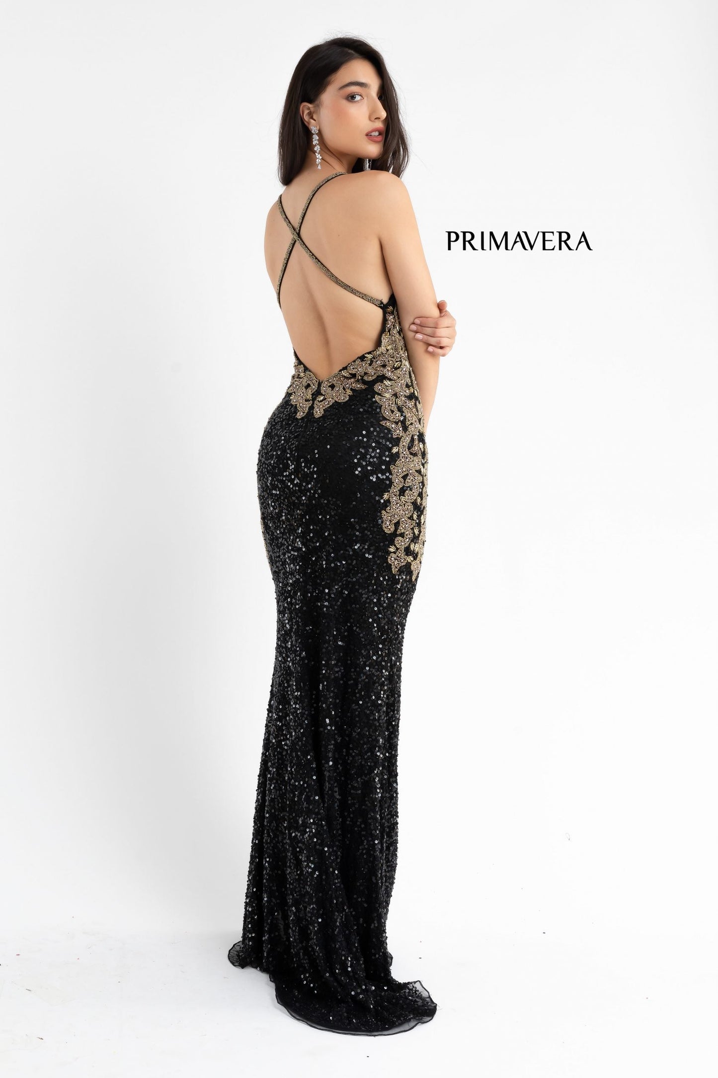 Primavera Couture 3765 Size 12 Sequined Prom Dress with Bead Trimmed V Neckline Slit Train