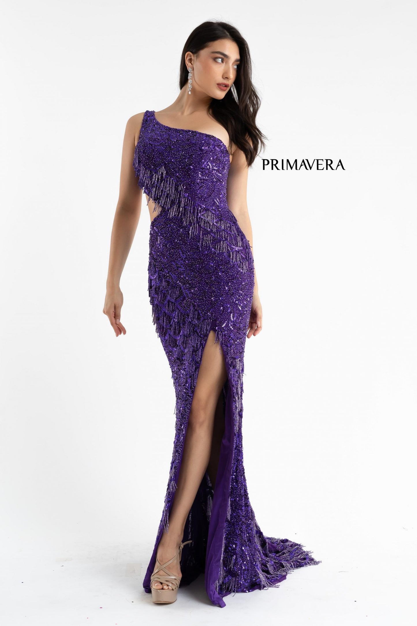 Primavera Couture 3766 One Shoulder Fringe Prom Dress Pageant Gown Cutout Side Purple size 4