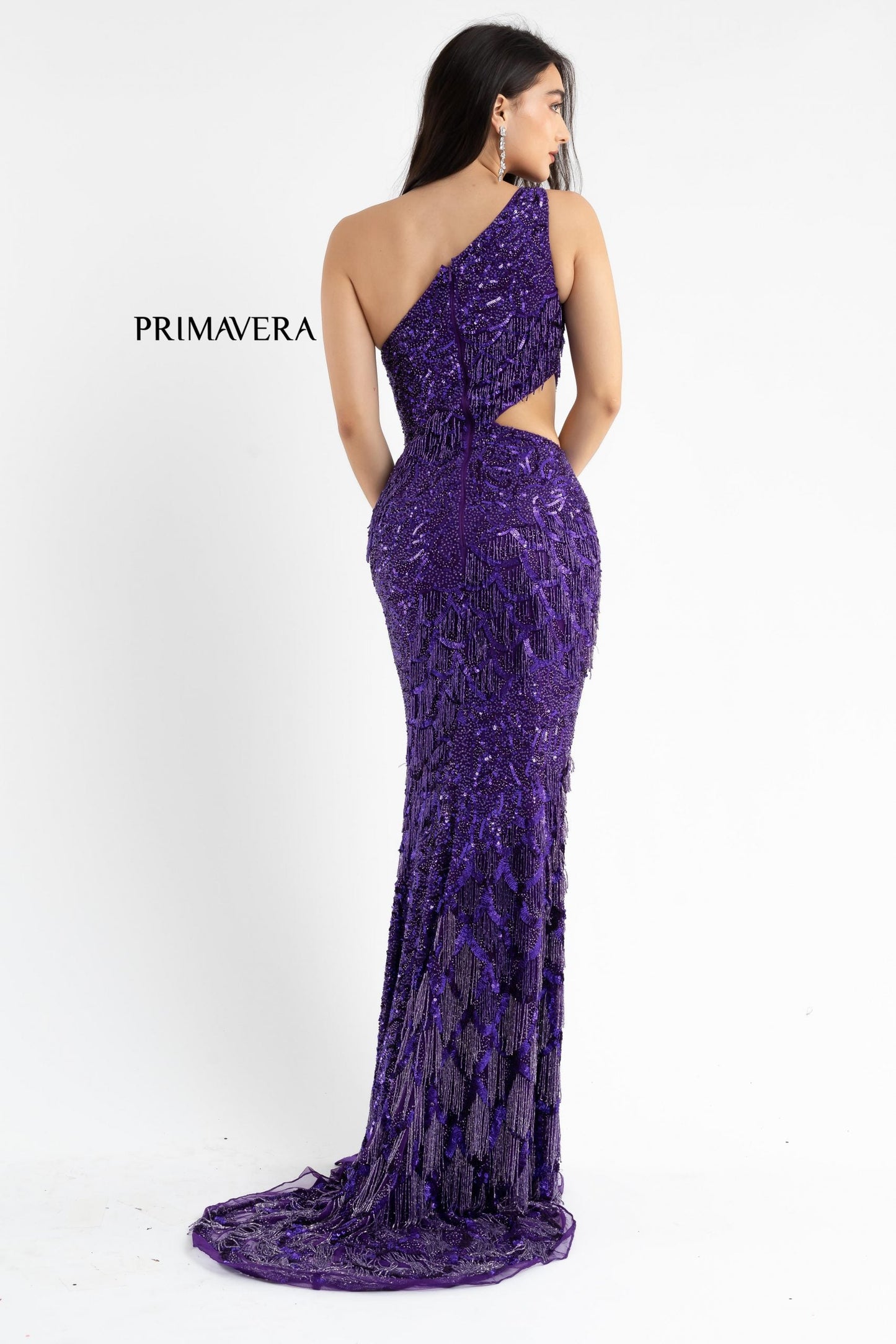 Primavera Couture 3766 One Shoulder Fringe Prom Dress Pageant Gown Cutout Side Purple size 4