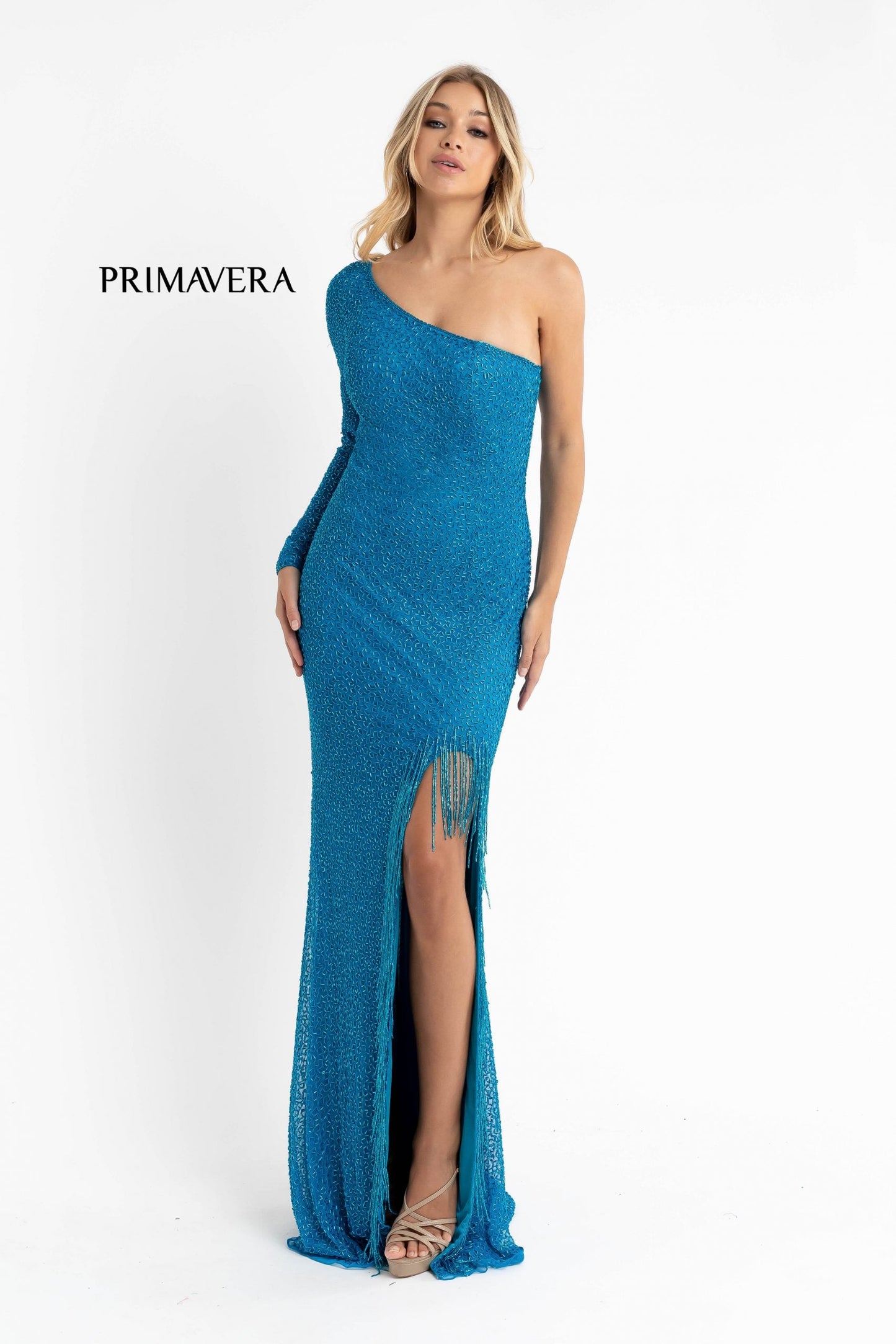 Primavera Couture 3773 Size 2 Beaded One Long Sleeve Prom Dress Evening Gown Fringe Open Slit