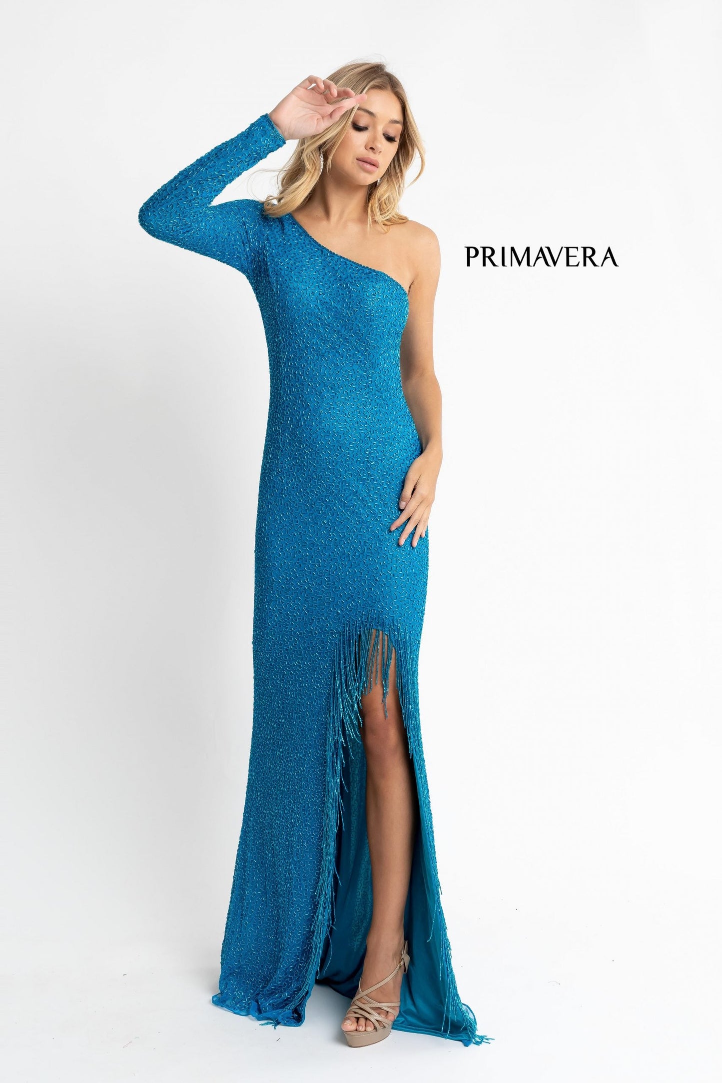 Primavera Couture 3773 Size 2 Beaded One Long Sleeve Prom Dress Evening Gown Fringe Open Slit