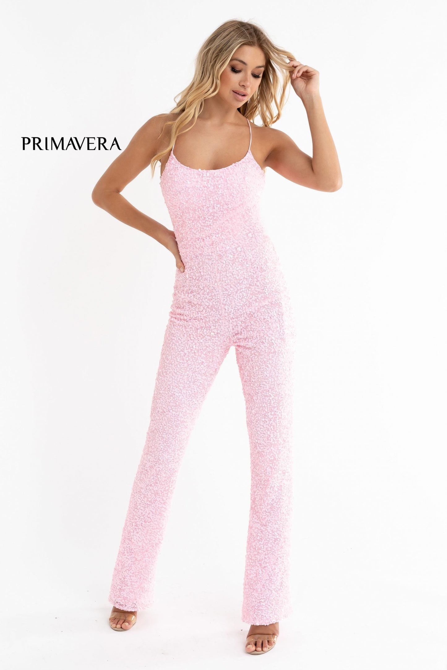 Primavera Couture 3774 Size 0 Neon Pink Sequin Jumpsuit Scoop Neckline Lace Up Tie Back Straight Legs