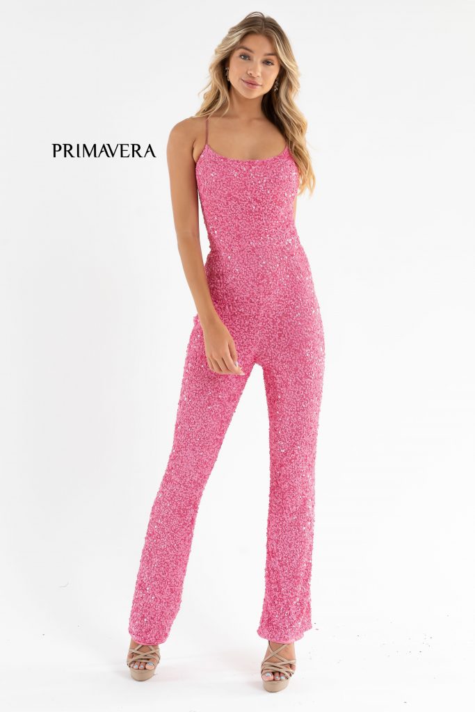 Primavera Couture 3774 Size 0 Neon Pink Sequin Jumpsuit Scoop Neckline Lace Up Tie Back Straight Legs